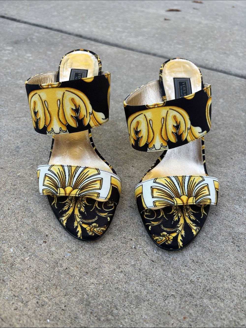 Versace Black and Gold Baroque Two-Strap Slide Heels